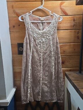 A Reve Boutique Lace-Detail Beige Blush Pink Sleeveless S Dress Bow In Back 0493
